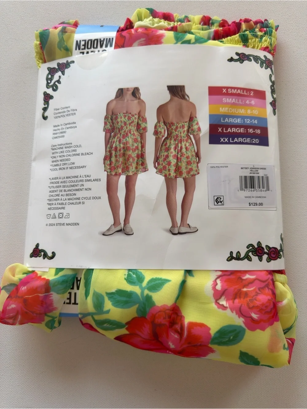 NWT Women's Betsey Johnson Puff Sleeve Babydoll Dress Yellow Floral Size L (G4)